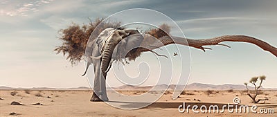 elephant stability dream surrealism surreal tree solitude concept impossible nature. Generative AI. Stock Photo