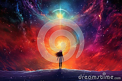 Surrealism. Young woman standing on the edge of a mountain and looking at the universe Stock Photo