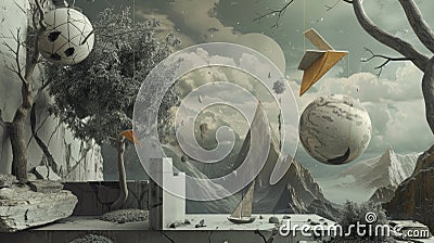Surrealist Landscape with Floating Objects and Elements Stock Photo