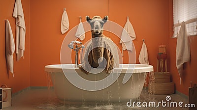 Surrealist Photography: Camel In A Big Tub With Long Sleeve Shirt Stock Photo
