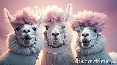 Surrealist photorealistic closeup portrait of three llamas Stock Photo