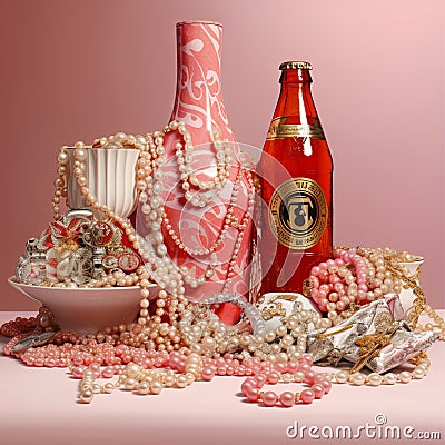 Surrealist still life with pink expensive objects Stock Photo