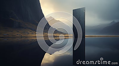 Surrealistic Black Door In Norwegian Nature: Delicate Landscapes And Mountainous Vistas Stock Photo