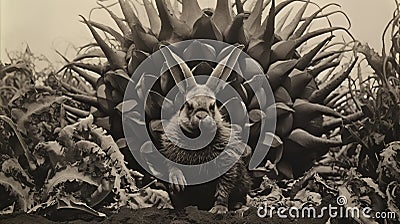 Surrealistic Black And White Photograph: The Rabbit In Enigmatic Tropics Stock Photo
