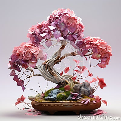 Surrealistic Bonsai Tree With Pink Flowers: A Delicate Sculpture Inspired By Vray And Doug Chiang Cartoon Illustration