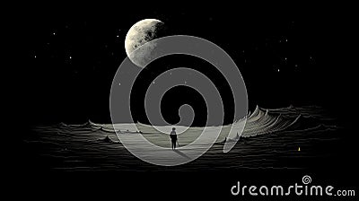 Surrealistic Cartoon: Person Gazing At Moon Over Monochrome Water Cartoon Illustration