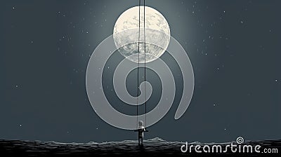 Surrealistic Cartoon: Serene Solitude With A Big Moon Cartoon Illustration