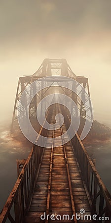 Surrealistic Dystopian Railway Bridge On Foggy Beach Stock Photo