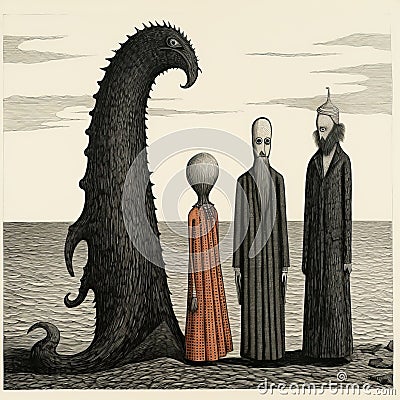 Surrealistic Encounter: Three Individuals Confront A Giant Beach Monster Stock Photo
