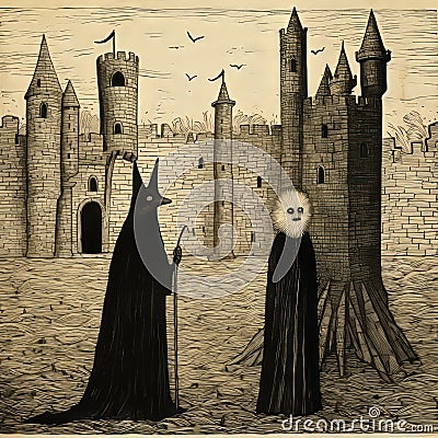 Surrealistic Figurative Illustrations Of Two Monsters And A Castle Cartoon Illustration