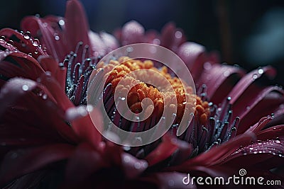 Flowers on the alien planet with water drops. Dreamy fantasy botanical background. Generative AI Cartoon Illustration