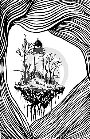 Surrealistic landscape, black white lighthouse, . Vector Illustration