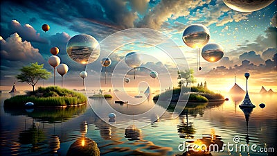 A Surrealistic Landscape with Floating Objects and Surreal Lighting Generative AI Neural artwork Stock Photo