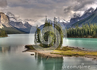 Surrealistic Picture Of The Picturesque Spirit Island In Lake Maligne Jasper National Park Stock Photo