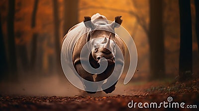 Surrealistic Rhino Running Through Autumn Forest - Contest Winner Cartoon Illustration