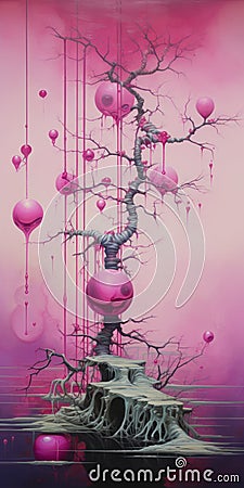 Surrealistic Tree Painting With Pink Hearts And Dripping Paint Stock Photo