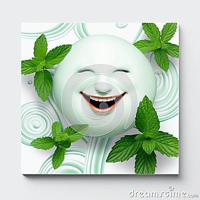 Surrealistic White Smiling Face With Mint Leaves And Flies Stock Photo