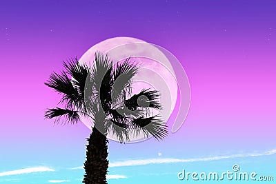 Surrel landscape in neon colors. Giant moon and palm tree Stock Photo