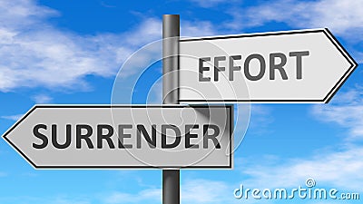 Surrender and effort as a choice - pictured as words Surrender, effort on road signs to show that when a person makes decision he Cartoon Illustration