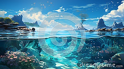 Aqua Serenity: Clear Ocean, Majestic Sky, and the Enigmatic Floating Stone Stock Photo