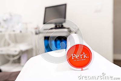 Surrey, BC / Canada - 06/11/19: HydraFacial Perk lip treatment product in package, showing facial treatment machine in the Editorial Stock Photo