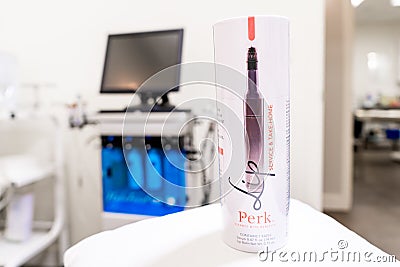 Surrey, BC / Canada - 06/11/19: HydraFacial Perk lip treatment product in package, showing facial treatment machine in the Editorial Stock Photo