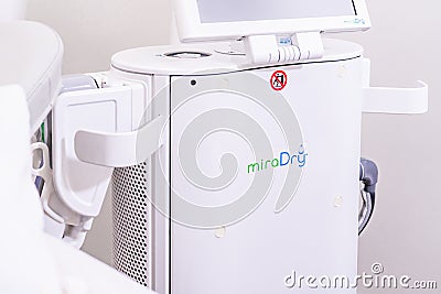 Surrey, BC / Canada - 06/11/19: miraDry axillary hyperhidrosis treatment machine in doctor`s office, to deliver microwave Editorial Stock Photo