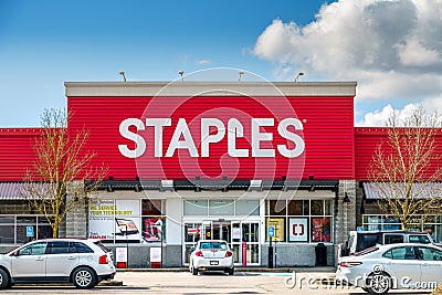 Surrey, Canada - Mar 25, 2020: Order pickup bins outside office supply store Editorial Stock Photo