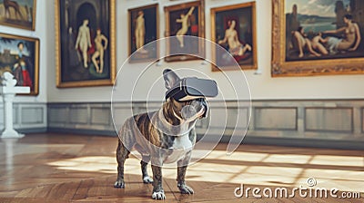 Surrounded by classical art, a French Bulldog dons a VR headset, playfully juxtaposing timeless masterpieces with Stock Photo