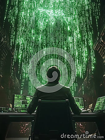 Surrounded by multiple screens in a dark workspace, a hacker tweaks complex data. Stock Photo
