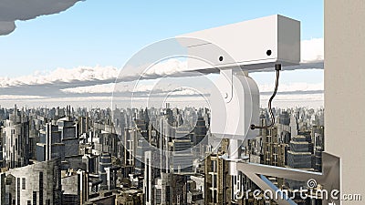 Surveillance camera over a city Cartoon Illustration