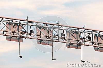 Surveillance camera system above a highway Stock Photo