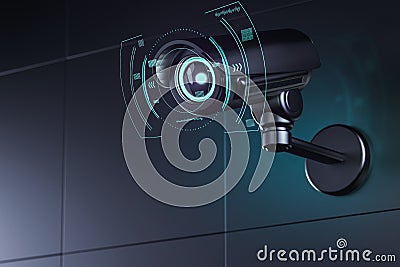 Surveillance camera on wall with futuristic interface around its lens as it analyzes surroundings. 3D rendering Stock Photo