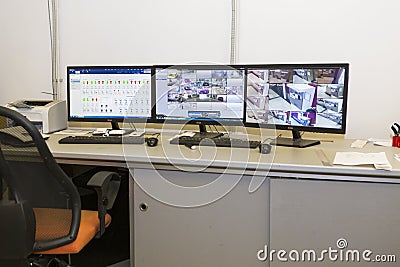 Surveillance cameras main desk control room Editorial Stock Photo