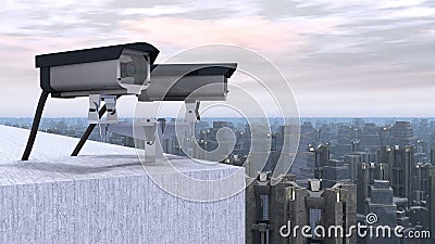Surveillance cameras over a city Cartoon Illustration