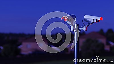 Surveillance cameras in a public space of a residential neighborhood at night. Digital 3D rendering Stock Photo