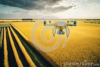 Surveillance of crop fields using cameras on flying drones. Ai generated Stock Photo