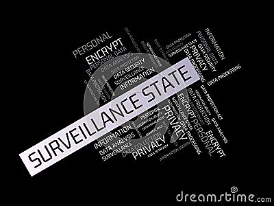 SURVEILLANCE STATE - FREEDOM - image with words associated with the topic DATA PROTECTION, word cloud, cube, letter, image, illust Cartoon Illustration