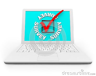 Survey Checkbox and Mark on a White Laptop Stock Photo