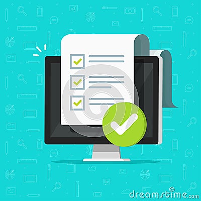 Survey checklist form or complete task list on computer vector illustration, flat cartoon pc with checkmarks document or Vector Illustration