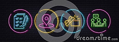 Survey checklist, Pin and Opened gift minimal line icons. For web application, printing. Neon laser 3d lights. Vector Vector Illustration