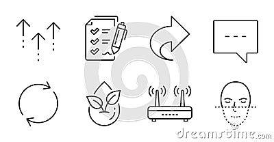 Survey checklist, Swipe up and Full rotation icons set. Wifi, Face recognition and Organic product signs. Vector Vector Illustration
