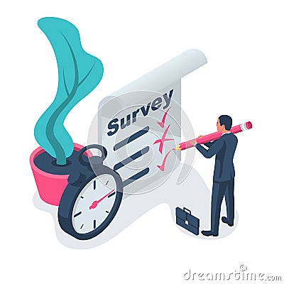 Survey concept. Poll opinion survey. Checklist in clipboard Vector Illustration