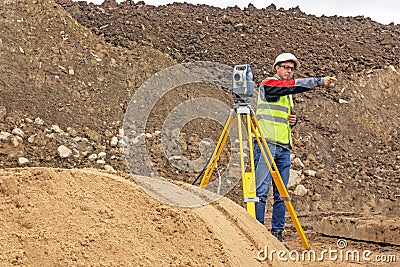 Cadastral survey of locality by surveyor Stock Photo