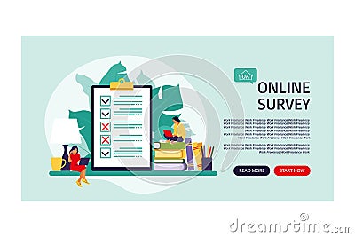 Survey of customer satisfaction. Landing page. Piece of paper with ticks and crosses. Small people characters fill out a form. Vector Illustration