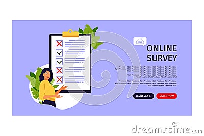 Survey of customer satisfaction. Landing page. Piece of paper with ticks and crosses. Small people characters fill out a form. Vector Illustration