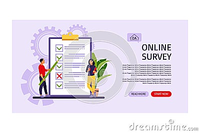 Survey of customer satisfaction. Landing page. Piece of paper with ticks and crosses. Vector illustration. Flat style Vector Illustration