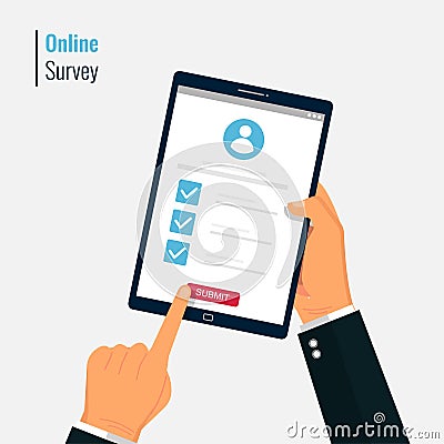 Survey form online vector illustration. Hand holding and fill questionnaire on tablet screen. quiz form idea, interview assessment Vector Illustration