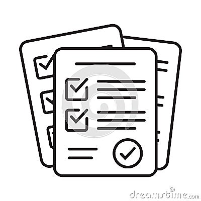 Survey icon. Questionnaire checklist form. Brief, survey or paper exam with check list. Report document with tick or checkmark. Vector Illustration