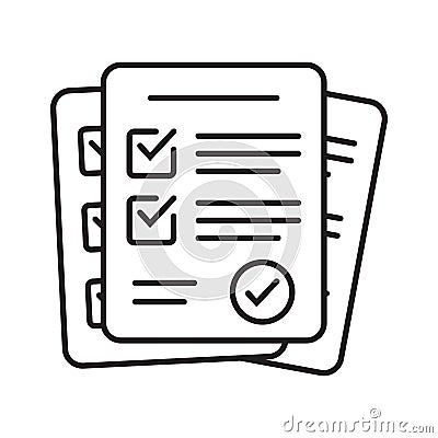 Survey icon. Questionnaire checklist form. Brief, survey or paper exam with check list. Report document with tick or checkmark. Vector Illustration